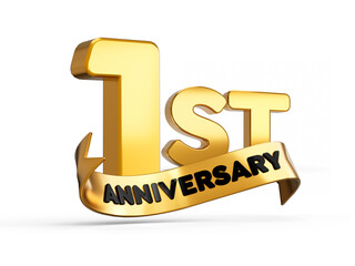 1st or first anniversary in gold on white background with shadow. 3d illustration