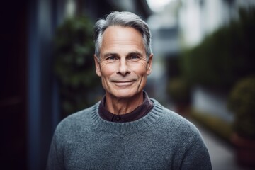 Portrait of smiling senior man standing outside in the street at home