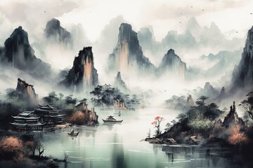 Traditional Chinese landscape painting with ink and watercolor. Oriental art and scenery, hand-drawn illustration. Generative AI