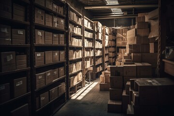 Cardboard boxes on warehouse shelves. Generative AI