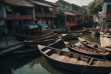 Fototapeta na wymiar Historic fishing town of Duy Vinh in Hoi An, Vietnam with traditional boats. Generative AI