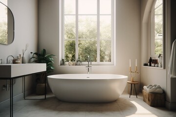 Obraz na płótnie Canvas Bright bathroom with large freestanding tub. Generative AI