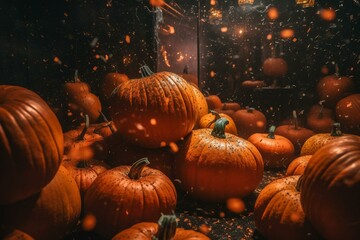 Pumpkins party in disco club with music, confetti & lights. Generative AI