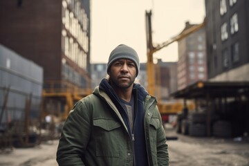 Portrait of a handsome young African American man in a green jacket and a hat on a construction site