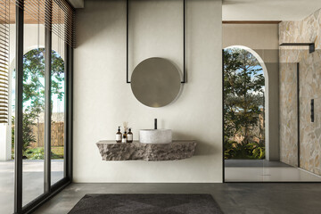 Modern bathroom featuring a natural stone countertop with an integrated sink, a round mirror, a shower cabin, a round bathtub, and a sleek concrete floor. The natural light, back yard. 3d rendering