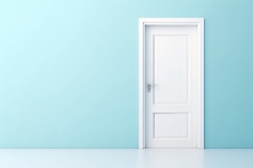 Closed door white on bright pastel blue wall background, banner, copy space. Generative AI - obrazy, fototapety, plakaty