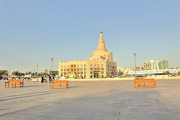 Doha, Qatar - April, 27, 2023: Doha Fanar Mosque.
View from Souq Waqif. famous architectural landmark.
Al Sheikh Abdullah Bin Zaid Al-Mahmoud Islamic Cultural Center.
Middle East, Arabian Gulf.