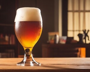 A beer bottle with condensation on it, sitting on a wooden table