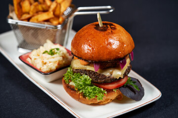 Fresh tasty burger with french fries
