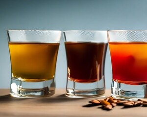 A row of shot glasses filled with colourful liqueurs