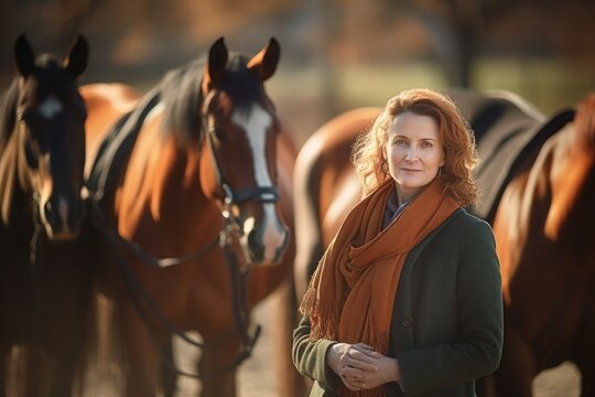 Group portrait photography of a satisfied woman in her 40s wearing a chic cardigan against an equestrian or horse background. Generative AI