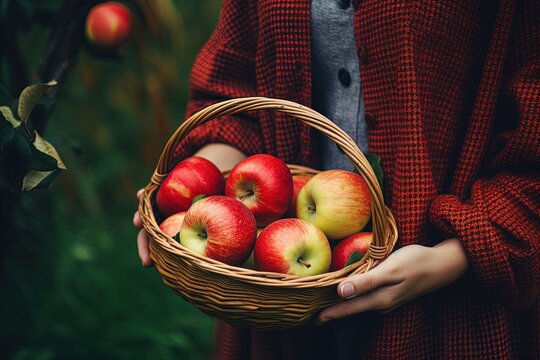 Close-up of woman with casual clothes with hands holding wicker basket full of red apple ripe fresh organic vegetables, Summer harvest in apple garden, Background with green apple tree. Generative AI