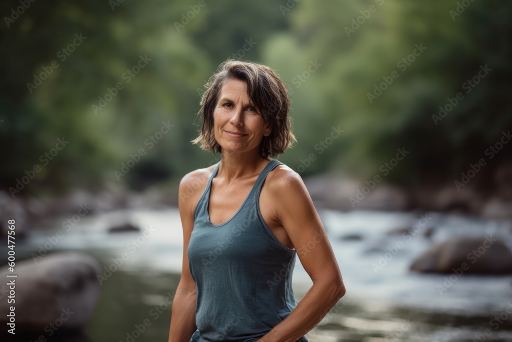 Wall mural portrait of a beautiful middle aged woman standing in front of a river