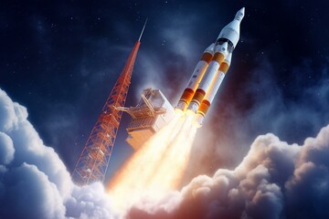 NASA rocket launches Orion spacecraft into orbit. Generative AI - obrazy, fototapety, plakaty