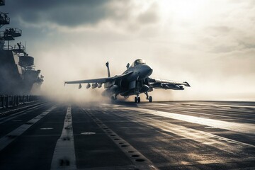 Jet taking off from aircraft carrier runway. Generative AI - obrazy, fototapety, plakaty