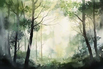Hand-drawn watercolor background inspired by summer shade and dappled sunlight filtering through trees. Generative AI