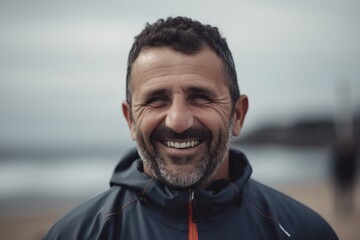 Portrait of a handsome middle-aged man in sportswear smiling at the camera while standing on the beach.