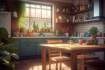 Cartoon kitchen with table, fridge, seating and plants. Generative AI