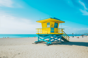 Obraz premium Colorful blue and yellow lifeguard station on beach with palm trees and blue sky, copy space. Generative AI