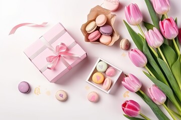 Obraz na płótnie Canvas Gift box and bouquet of pink tulips on table with white background. Happy valentines day, mothers day, international womens day concept. Generative AI