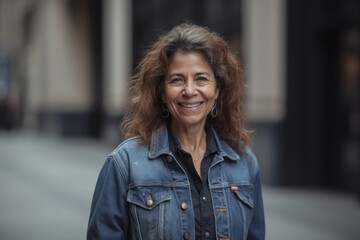 Portrait of a smiling middle aged woman standing outdoors in the city