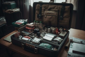 Kit containing essential medical supplies and equipment for emergency situations. Generative AI