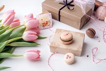 Gift box and bouquet of pink tulips on table with white background. Happy valentines day, mothers day, international womens day concept. Generative AI