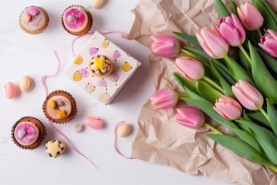 Gift box and bouquet of pink tulips on table with white background. Happy valentines day, mothers day, international womens day concept. Generative AI