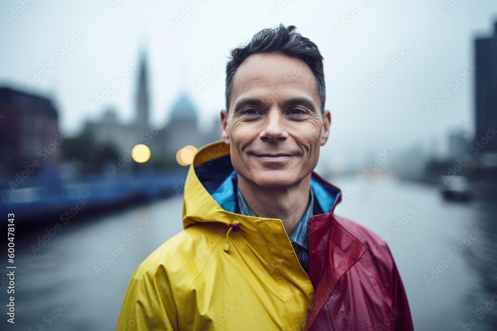 Sticker Medium shot portrait photography of a grinning man in his 40s wearing a vibrant raincoat against a futuristic city or skyline background. Generative AI