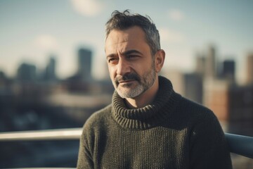 Medium shot portrait photography of a satisfied man in his 40s wearing a cozy sweater against a futuristic city or skyline background. Generative AI