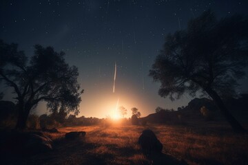 A celestial show of meteors and sun. Generative AI