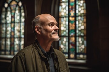 Fototapeta premium Portrait of a smiling senior man in front of stained glass window