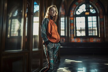 Full-length portrait photography of a satisfied woman in her 20s wearing a comfortable tracksuit against a stained glass or cathedral background. Generative AI