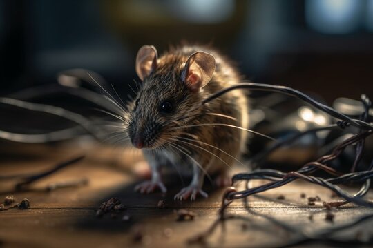 Mouse Gnawed On Electrical Wires Causing Damage. Rodents, Infestation, Pest Control. Generative AI
