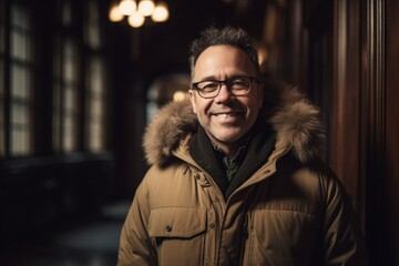 Obraz premium Portrait of a middle-aged man in a warm jacket and glasses smiling