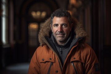 Fototapeta premium Portrait of a handsome middle-aged man in an orange jacket