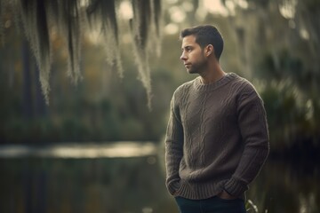 Handsome man in a sweater on a background of a lake