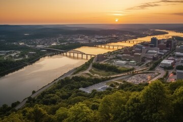 Fototapeta na wymiar Downtown Chattanooga, TN viewed from Lookout Mtn at sunrise. Generative AI