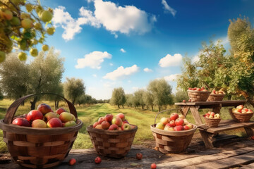 Fruitful Harvest. Behold the abundance of lush apple trees with fruit arranged over a table, against a picturesque backdrop of blue sky and white clouds. Product promotion AI Generative