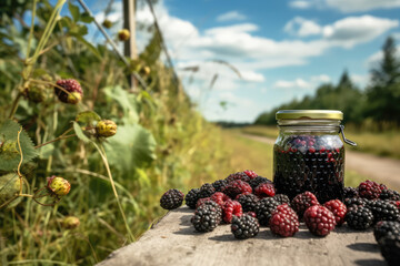 Juicy Delights. The lusciousness of blackberry bushes brimming with ripe fruit, alongside jars artfully placed on a table. Ample space for promoting your product. Farm-fresh goodness AI Generative