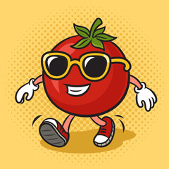 Cartoon happy tomato walking in sunglasses pinup pop art retro vector illustration. Comic book style imitation.