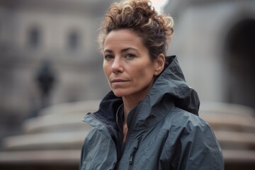 Fototapeta premium Portrait of a beautiful woman with curly hair in a raincoat