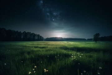 Night sky behind green field. Generative AI