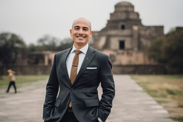 Full-length portrait photography of a grinning man in his 40s wearing a classic blazer against a historic monument or landmark background. Generative AI