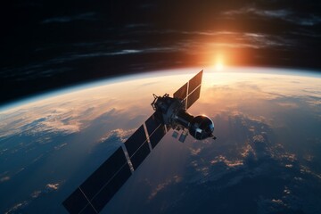 Artificial satellite orbiting Earth during sunrise. 3D modeling. Generative AI