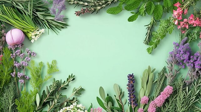 Culinary herbs and flowers, banner. Green and lilac garden palette. Flat lay, copy space. AI image. 