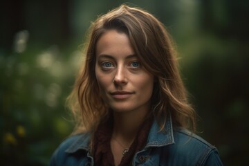 Obraz premium Portrait of a beautiful young woman with blue eyes in the park