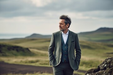 Full-length portrait photography of a pleased man in his 40s wearing a classic blazer against a windswept or dramatic landscape background. Generative AI