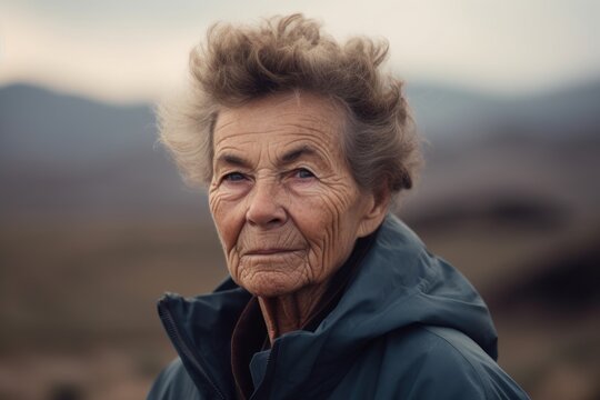 Headshot portrait photography of a satisfied woman in her 70s wearing a comfortable tracksuit against a windswept or dramatic landscape background. Generative AI
