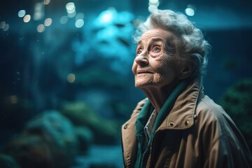 Portrait of an elderly woman looking at the camera in an aquarium